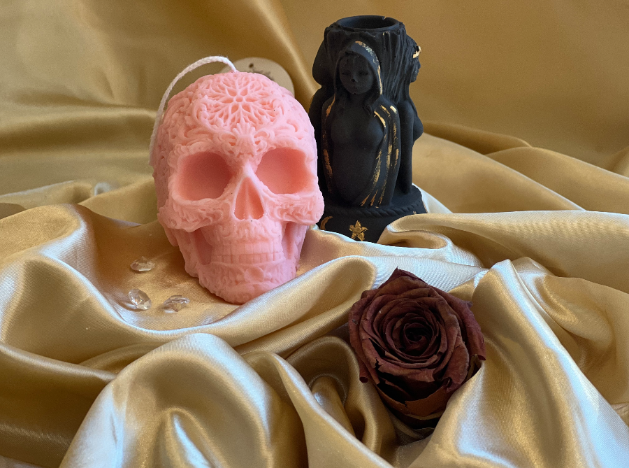 Sacred Mind – Mandala Skull Candle Handmade mandala skull candle made from soy wax, decorative spiritual skull candle