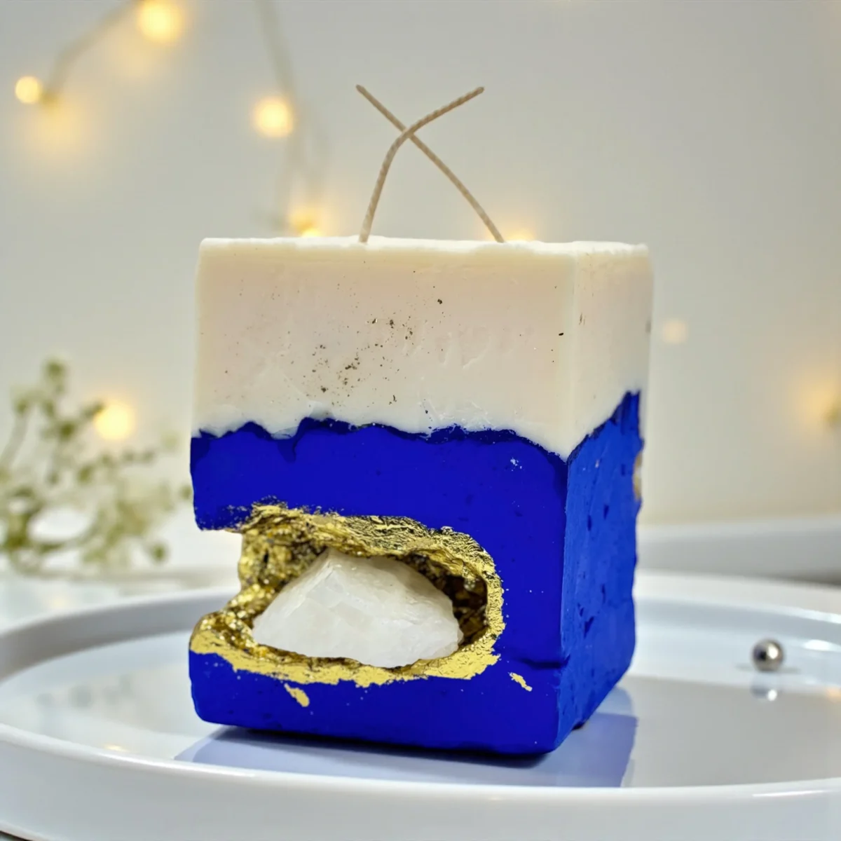Silk Seduction handmade candle with white aragonite crystal, raw sculptural cement design